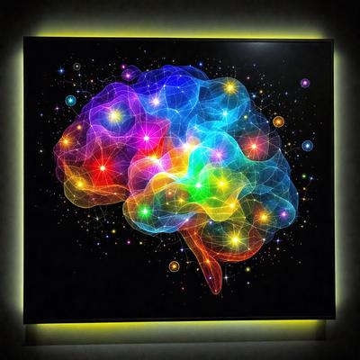 The primary subject of the image is a colorful, abstract representation of a human brain. The brain is depicted in a vibrant and artistic manner, with a mix of colors and patterns. The setting is a black background, which contrasts with the bright colors of the brain. The visual style of the image is a combination of digital art and illustration, creating a unique and eye-catching piece of art. The dominant colors in the image are a mix of red, blue, green, and yellow, which contribute to the lively and energetic atmosphere of the piece.